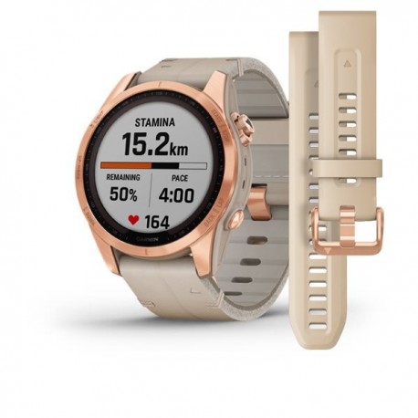 GARMIN fēnix® 7S – Sapphire Solar Edition Zafiro Solar Blanco Titanio Rose Gold Piel Blanca Light 42mm   010-02539-35