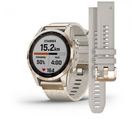 GARMIN fēnix® 7S – Sapphire Solar Edition Zafiro Solar Blanco Gris Titanio Nylon Light Gold 42mm  010-02539-39