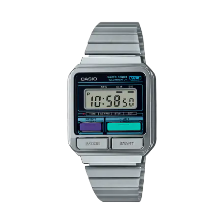 Reloj Casio Vintage Digital plateado estilo gadget de los 80   A120WE-1AEF