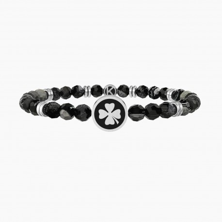 Kidult Pulsera de acero hombre con ágata negra estriada GOOD LUCK ES732256