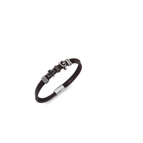 AMEN Pulsera plata cuero marrón hombre BR205-M