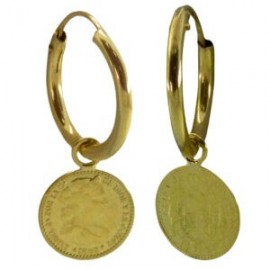 Pendientes aro oro de 18k y moneda reversible colgante