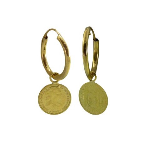 Pendientes aro oro de 18k y moneda reversible colgante