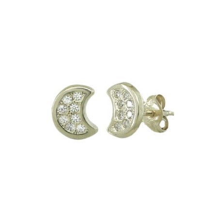 Pendientes oro 18k blanco luna circonita rosca