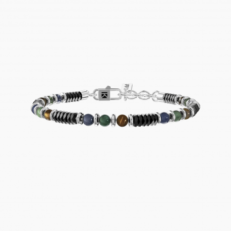 Kidult Pulsera hombre ajustable de acero con jade, ojo de tigre, sodalita azul y hematita facetada. MANTRA DE LA FELICIDAD