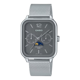 Reloj Casio Analógico Fase Lunar esfera gris 44.5 × 34 × 9.3 mm Correa de malla de acero inoxidable MTP-M305M-8AVER