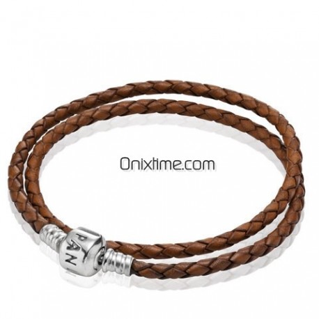 Pulsera de cuero 35cm trenzado doble y cierre Pandora en plata de ley