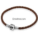 Pulsera cuero trenzado simple y cierre Pandora en plata marrón