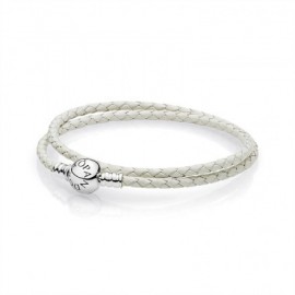 Pandora Pulsera Plata de ley y cuero trenzado doble blanco 590745CIW