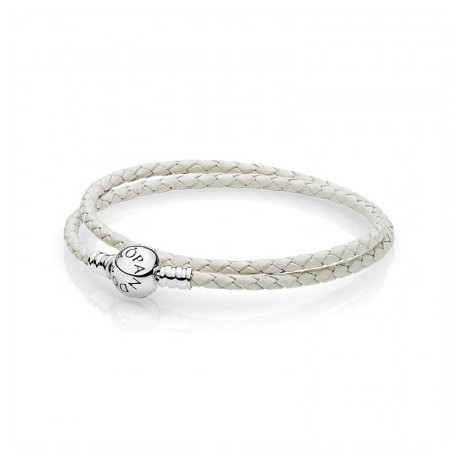 Pandora Pulsera Plata de ley y cuero trenzado doble blanco