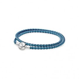 Pandora Pulsera Plata de ley y cuero trenzado doble azul tonos