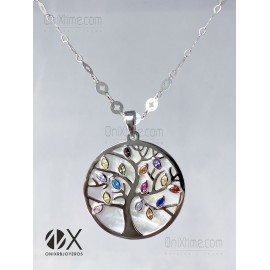 Medalla plata Árbol de la vida con nácar y circonitas de color con cadena